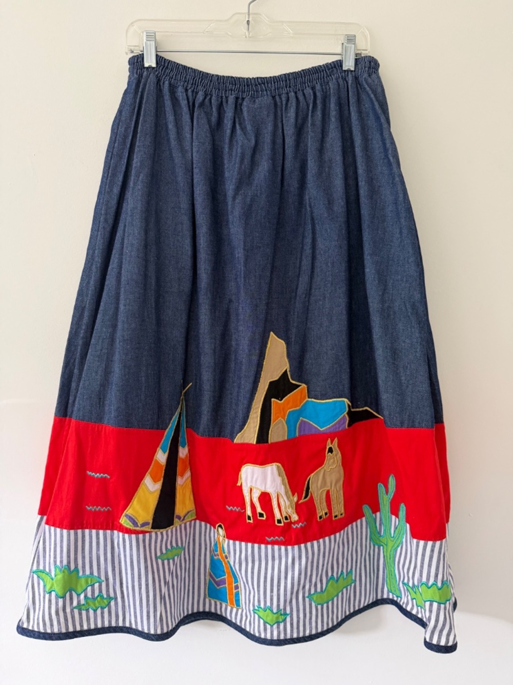Vintage Southern Image Southwest Western Applique Denim Midi Skirt Artsy Novelty - Picture 8 of 8